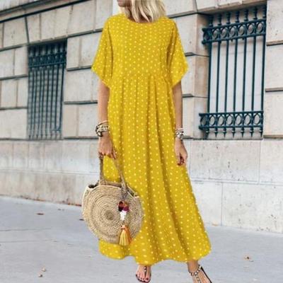 Women Casual Summer Beach Sundress Maxi Long Dress Short Sleeve Crew Neck Dot Print Pleated Swing
