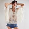Women's Batwing Sleeve Mesh Cover-up: Spring/Summer Loose Beach Top with Lace Patchwork and Sun Protection.
