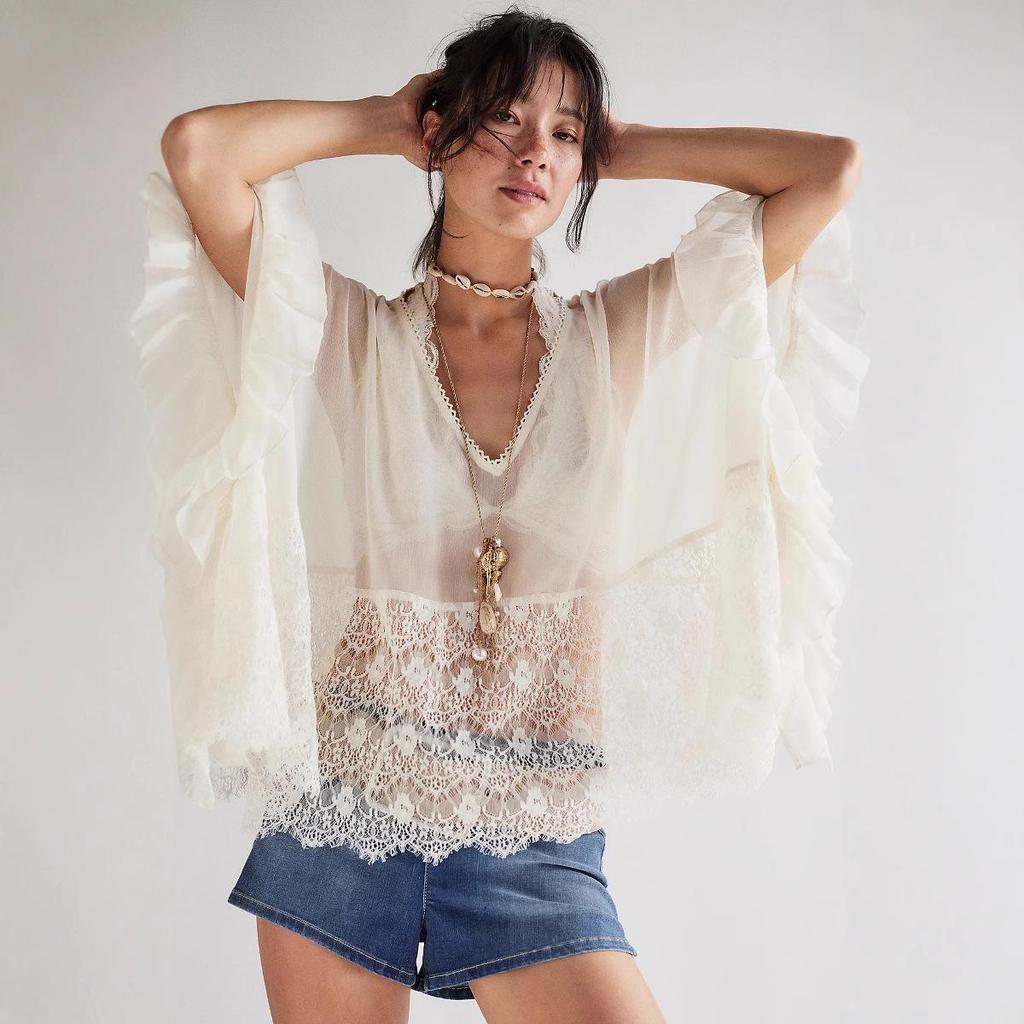 Women's Batwing Sleeve Mesh Cover-up: Spring/Summer Loose Beach Top with Lace Patchwork and Sun Protection.