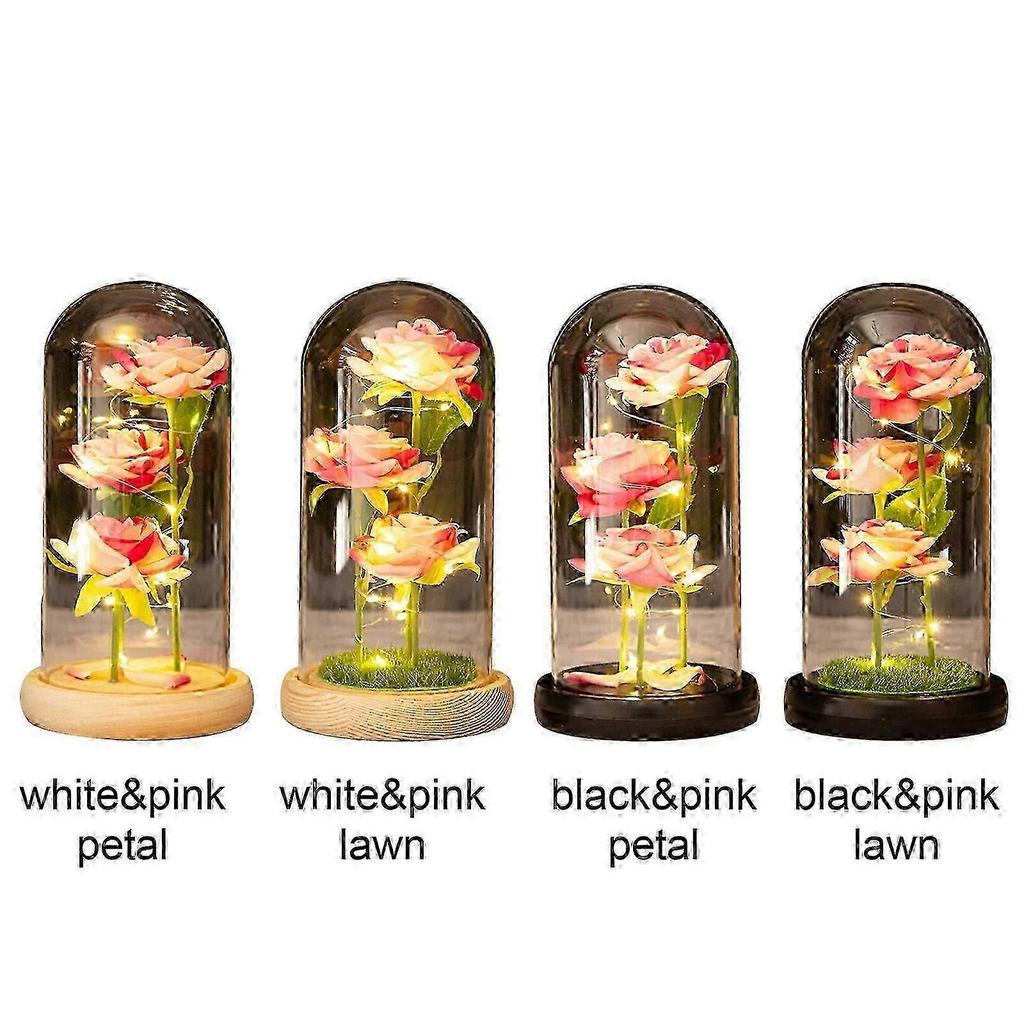 Pink Eternal Rose in Glass Dome with Wooden Base - LED Flower Gift for Christmas and Mother's Day