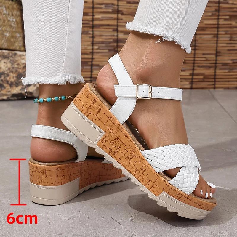 Fashion Woven Ankle Strap Wedge Heels Sandals Woman Fashion Braided Platform Rome Shoes Women Summer 2025 Thick Bottom Beach Sandalias