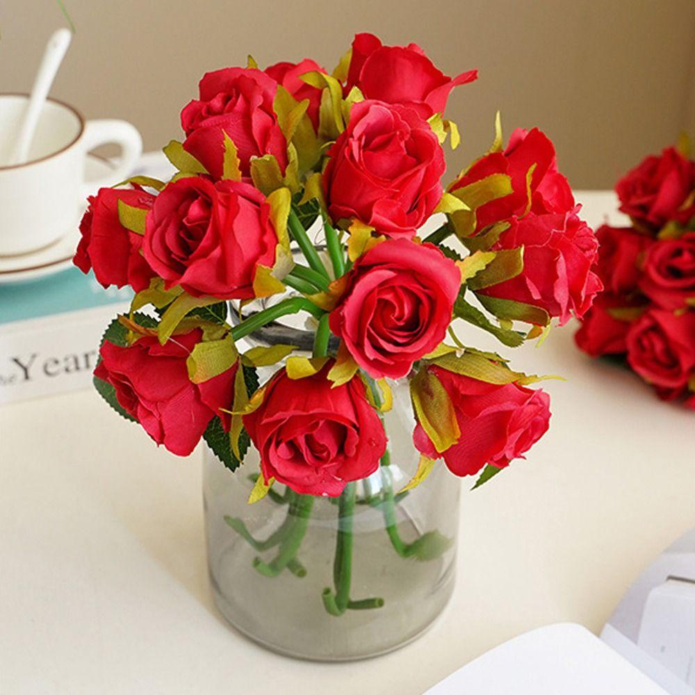 12 Head Artificial Rose Bouquet Plastic Fake Flowers Simulation Rose Flower  Birthday Decor