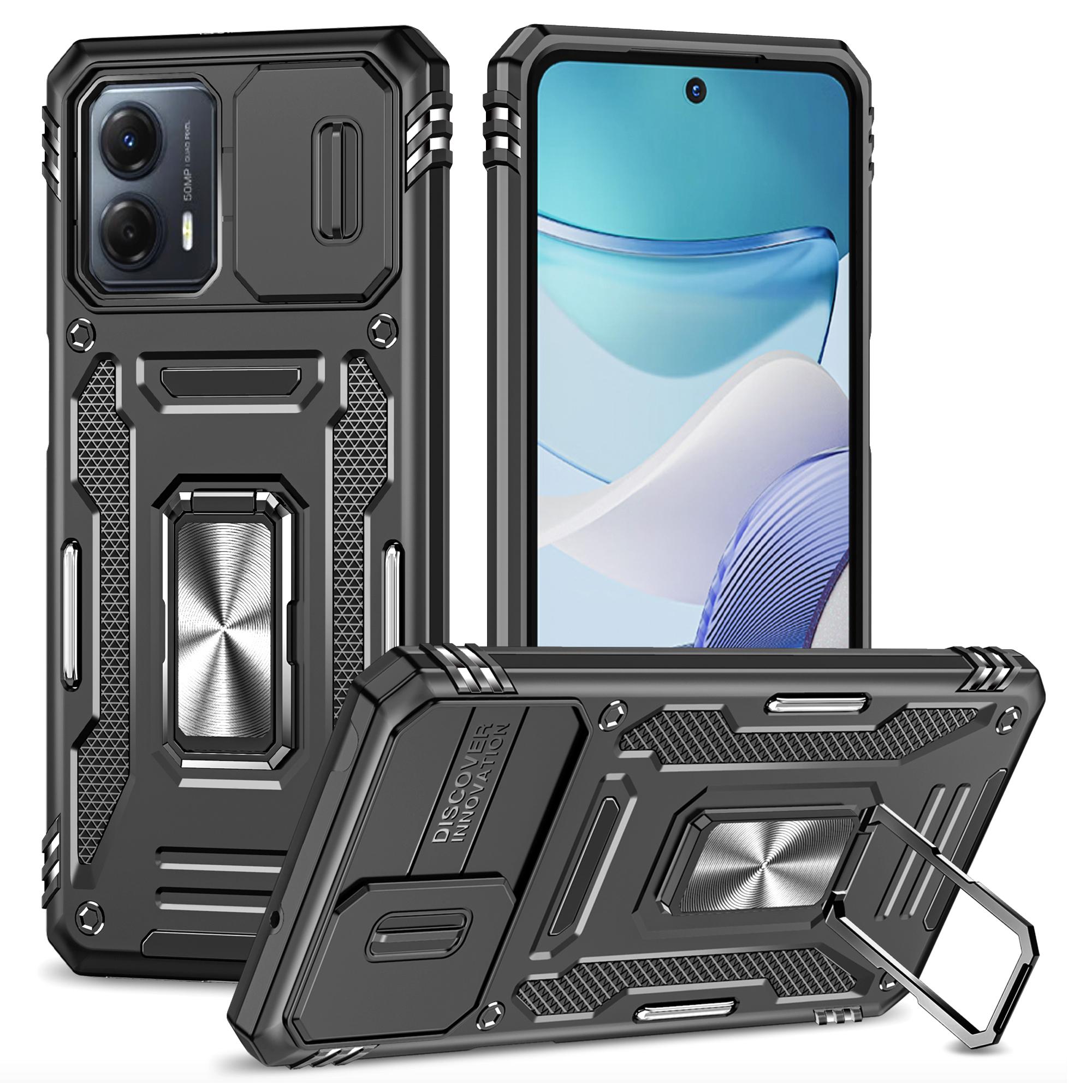 

For Motorola Moto G53 5G Armor Series Slide Lens Protection Phone Case PC+TPU Kickstand Cover Black