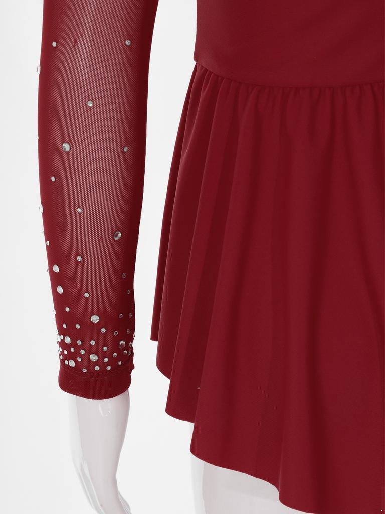 Girls' Ice Skating Leotard Dress Kids Long Sleeve Shiny Rhinestone Ballet Gymnastics Dance Clothes