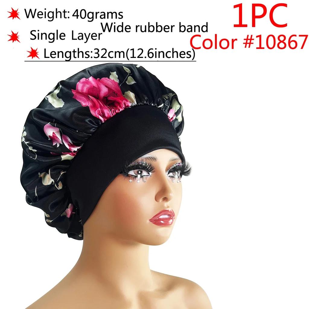1 Stück Damen Satin Bonnet Elastisches breites Band Nachtschlafmütze Haarausfall-Abdeckung Kopfwickel Lockiges Federndes Haar Schönheit Chemo Cap Pflege