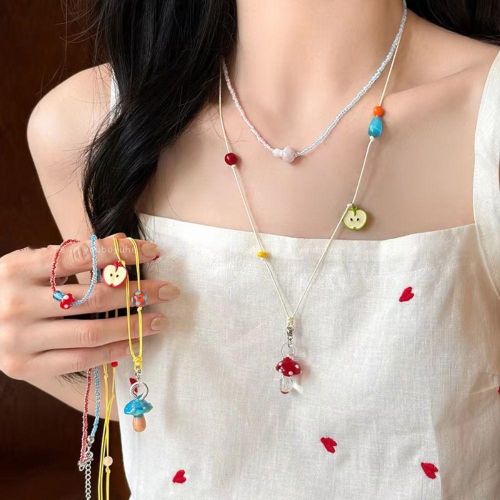 Glass Beads Mushroom Beads Choker Cartoon Design Y2K Aesthetic Accessories  Summer Season