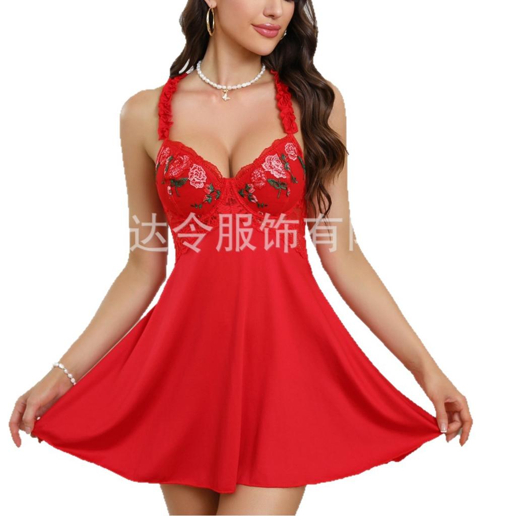 High-end quality European and American new sexy lace suspender flower embroidery pure desire nightdress seduction backless dress women