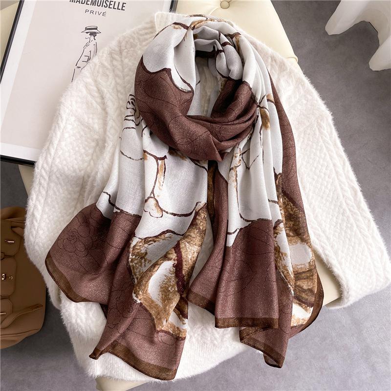 

Silver silk cotton and linen scarf camellia shawl elegant flower headscarf x0m scarf autumn and winter warmth 180x90cm