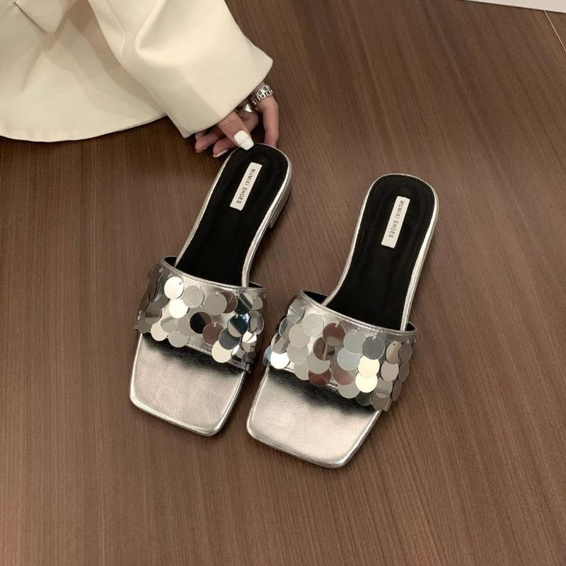 Fashion French Thick Soled Woman Shoes 2025 Summer New Square Toe Flat Shoes Fashion Versatile Women Slippers Simple Women's Sandals