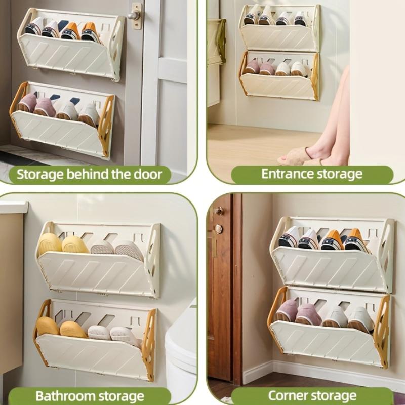 Wall-Mounted Shoe Rack, Hidden Storage Shelf, Foldable Plastic Organizer, No-Drill Installation, Multi-Layer Space Saver