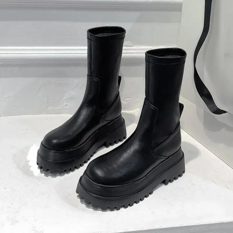 Fashion Soft Leather Thick Sole Women's Boots New Short Boots Women's Shoes Side Zipper Rider Boots Back Lace-Up Middle Boots