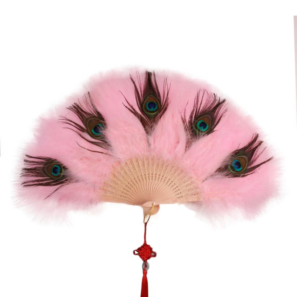 Handheld Peacock Feather Fan With Tassel Feather Dance Fan Folding Hand Fan  Home Decoration