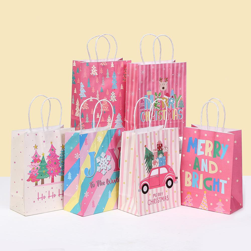 12/30pcs Pink Christmas Paper Tote Bags Thank You Gift Bags for Party Favors Retail Packaging