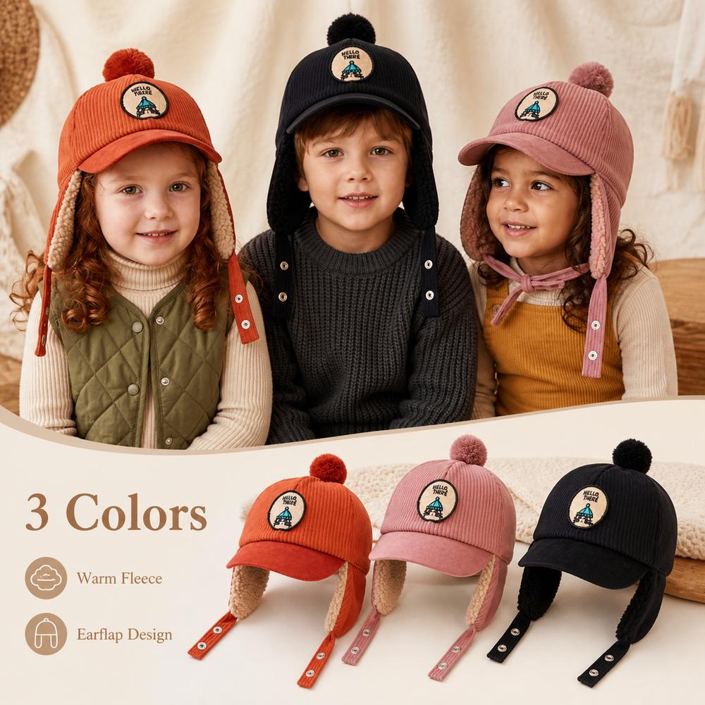 Solid Color Baby Ear Protection Cap Faux Lamb Fleece Lining Toddler Kids Cap For Boys And Girls