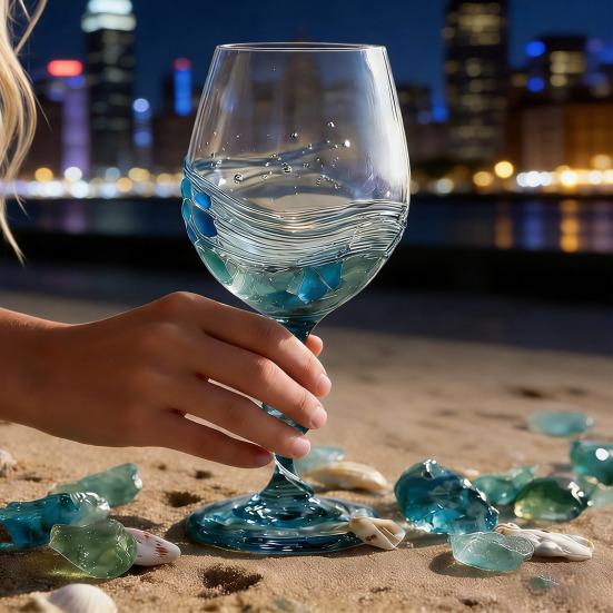 Spiral Cup Handle Wine Glass with Gradient Blue-Green Tone Unique Wave Texture Design Handheld Spiral Wine Cup