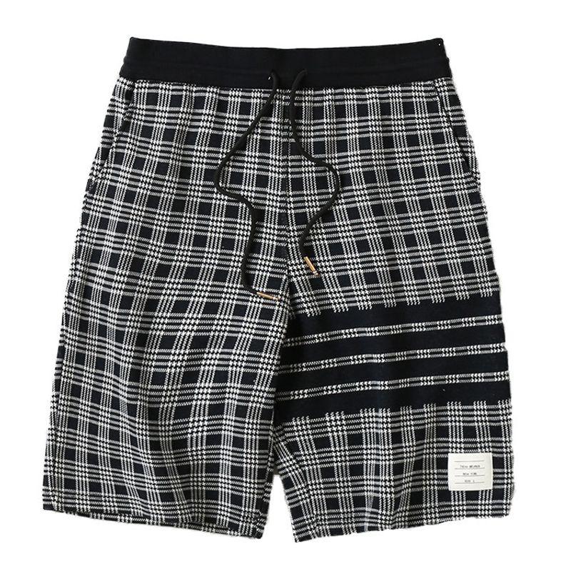 Summer Fashion Brand Stripes Gingham Couple's Shorts Cotton Yarn-Dyed Jacquard Four Bars Casual Loose Cropped Pants for Men
