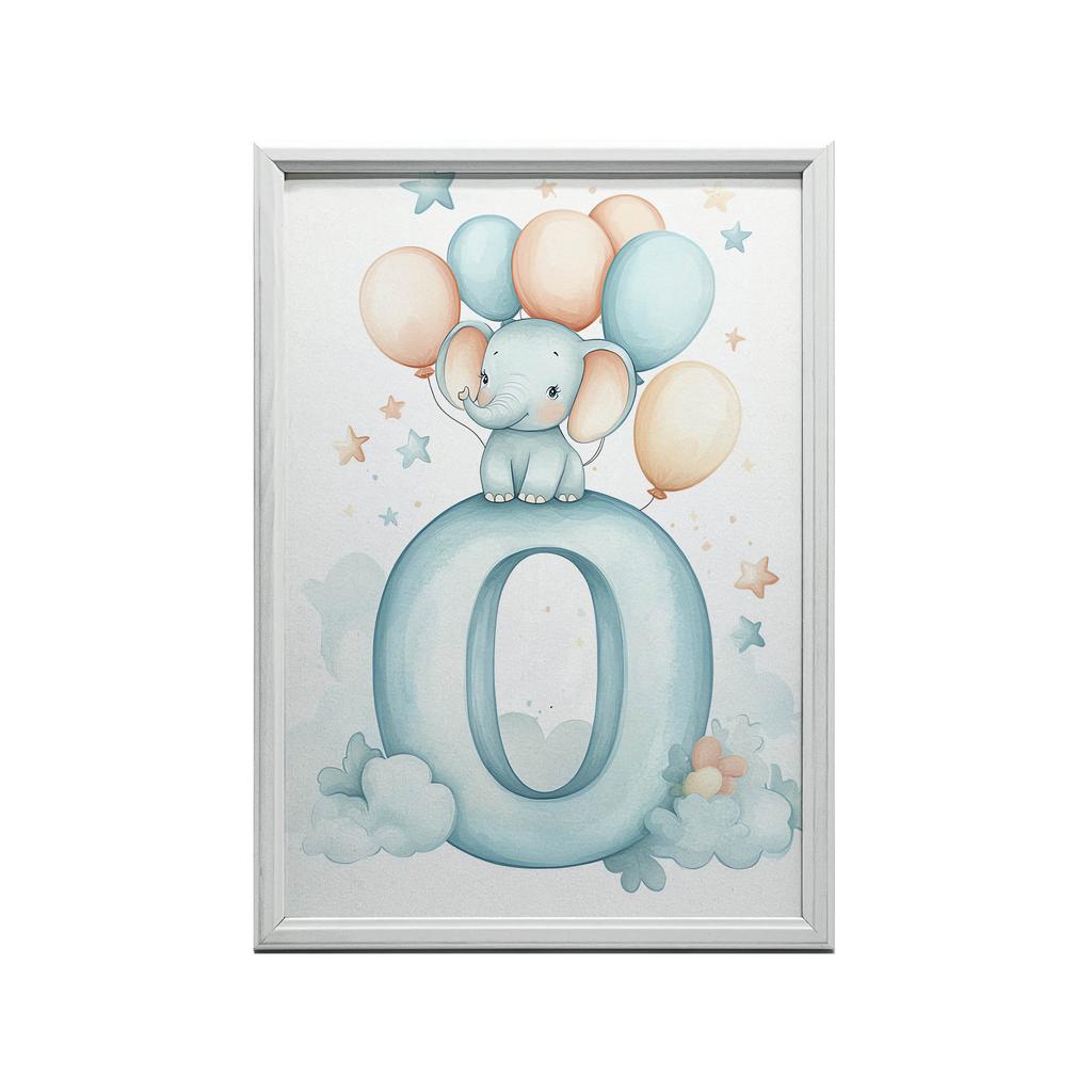 Plakat Słonik Na Chmurze Z Literą O Plakat Słonik Na Chmurze Z Literą O, 50X70 Cm, Rama Aluminiowa Złota, Papier Matowy 230 Gsm