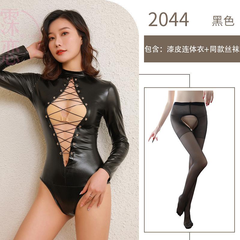 Patent Leather Uniform Seduction Breast One-piece Sex Underwear Sexy Open Crotch Tight Nightclub Performance Suit Pure Desire