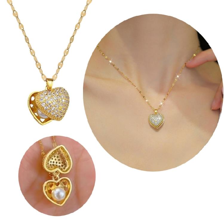 Stylish Pearls Necklace with Heart Shaped Shells Pendant and Full Diamonds Gifts for Trendy Women Special Occasions