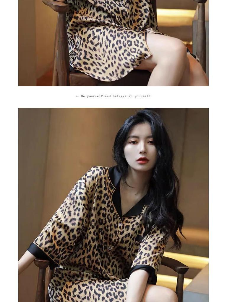 Damen-Sommerpyjama-Nachthemd aus Seide mit Leopardenmuster – Boyfriend-Stil, vielseitig tragbar