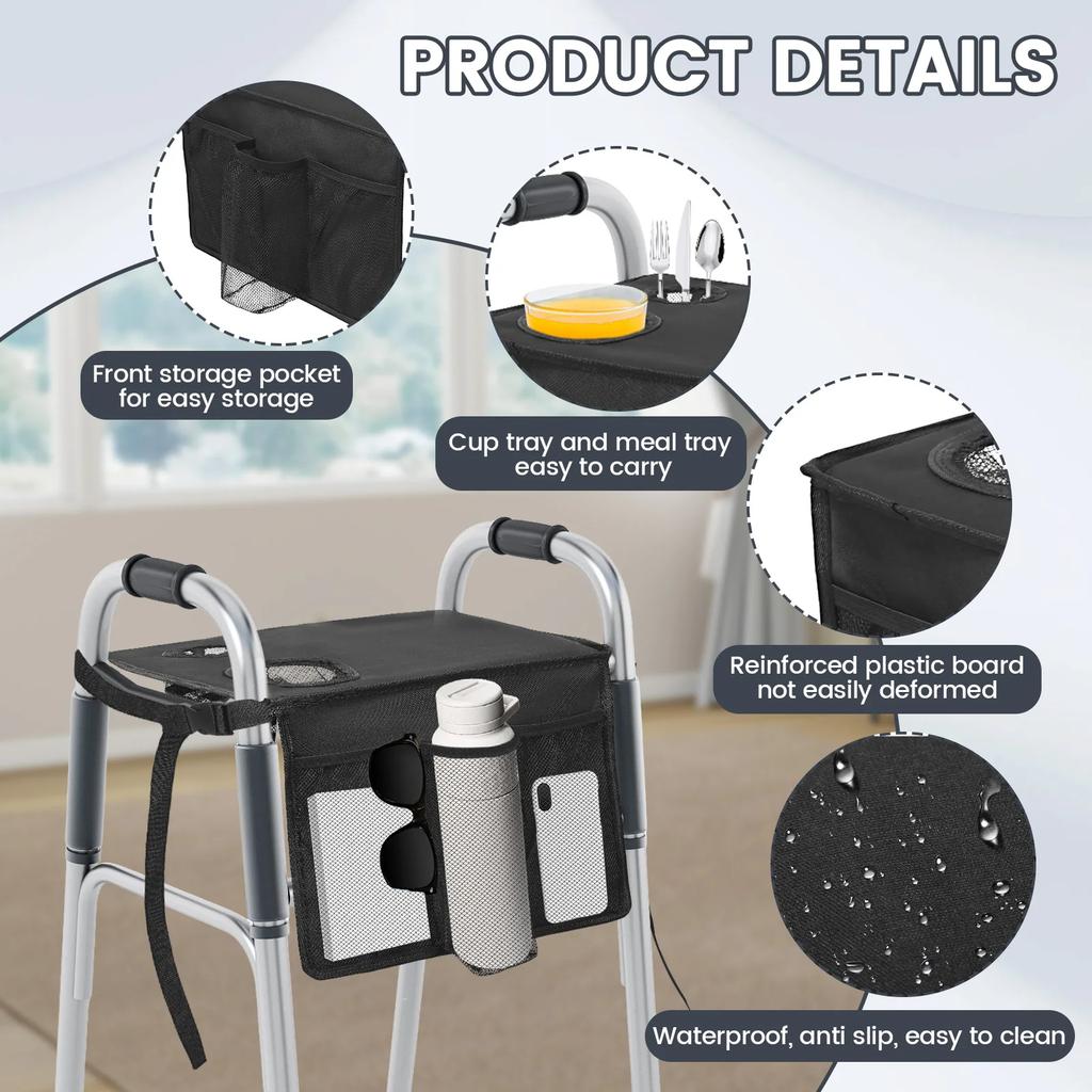 Folding Walker Tray with Cup Holder Multi Pocket Rollator Storage Bag Dinner plate for Elderly Present