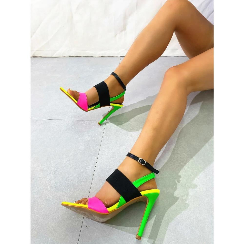 Pesstwei Modische Color-Blocked High Heel Damenschuhe Größe 35-42 Spitz Hohl Feiner Absatz Sandalen Größe 35-42