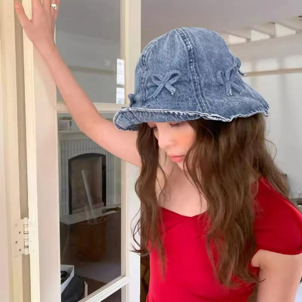 Korean Style Denim Bucket Hats Sweet Sunscreen Hat Cute Basin Caps for Men  Travel