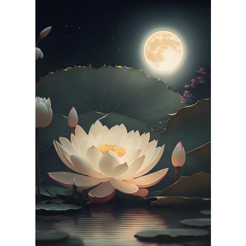 Vintage Scenery Flowers Summer Lotus Lotus Lotus Leaf Moonlight Poster Canvas Painting Wall Art Pictures Home Decor