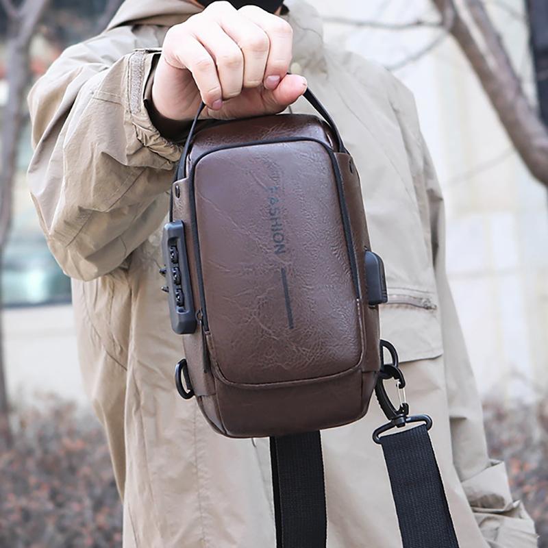 Men's Chest Bag Anti-theft USB Business Messenger Bag Multifunctional Water Repellent Shoulder Bag PU Commuter Backpack Men