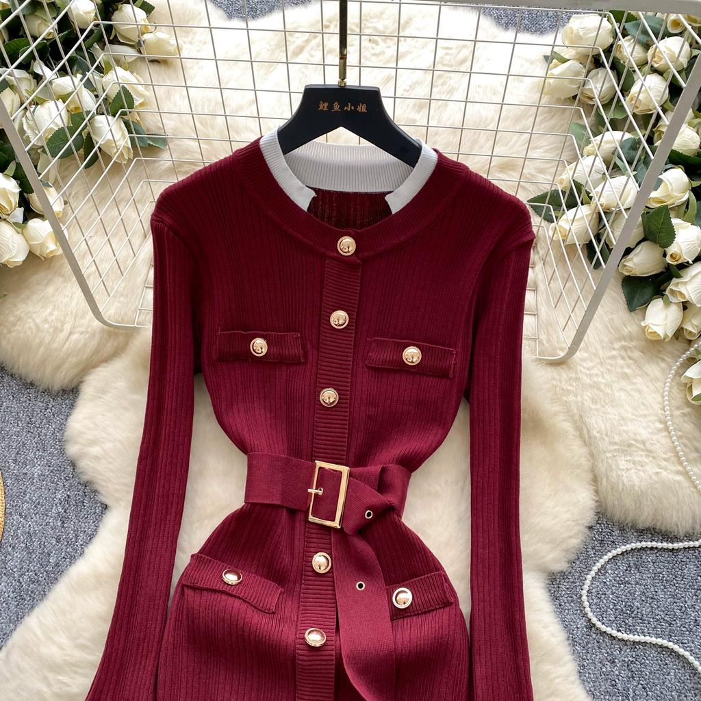 Podzim Zima Dámský Svetr s Dlouhým Rukávem Pletený Vánoční Párty Šaty Mini Krátké Pouzdrové Bodycon Šaty s Páskem