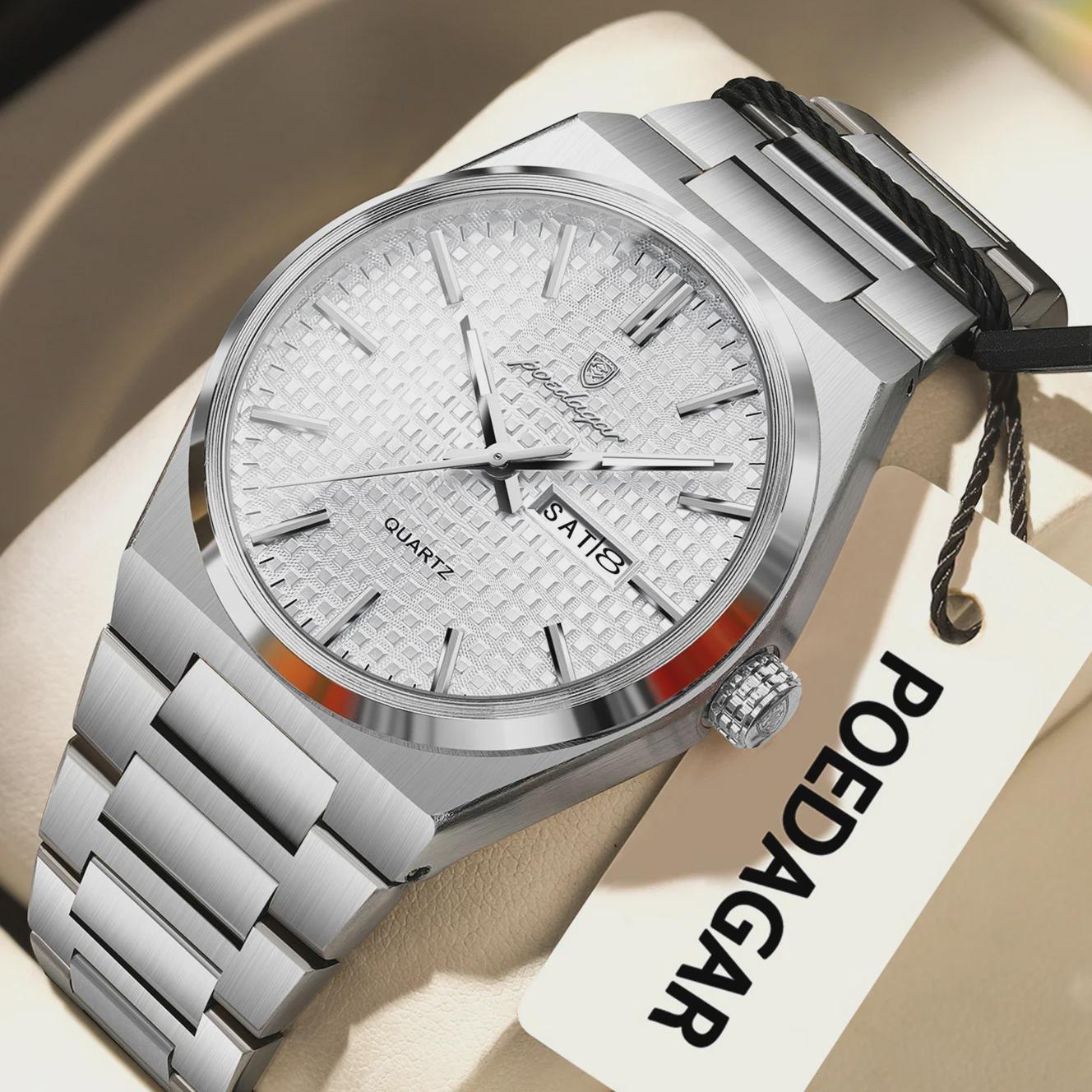 

POEDAGAR Luxury Men Watch Date Week Waterproof Luminous Stainless Steel Watch For Man Casual Quartz Men s Watches срібний/білий