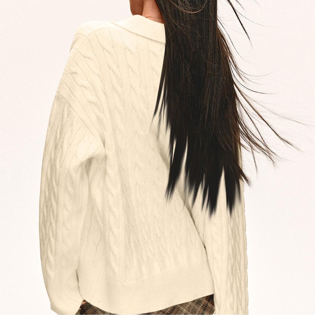 Women's Fashion Casual Loose Lazy Style Cable Lapel  Pullover Long Sleeve Knit Sweater