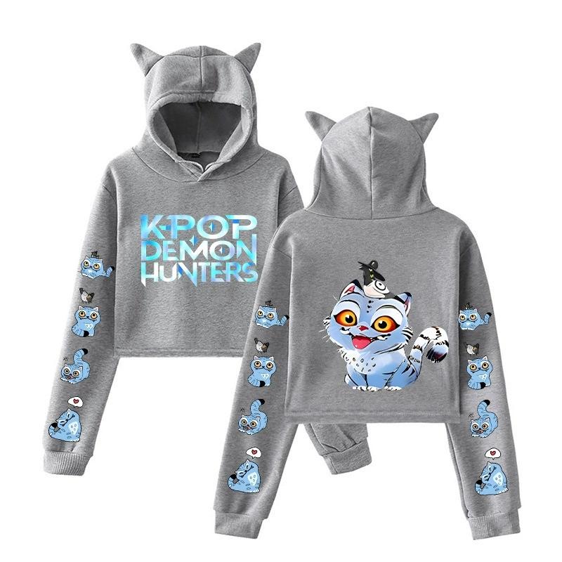 KPop Demon Hunters Derpy Tiger Cropped Hoodies Women Long Sleeve Hooded Pullover Crop Tops Casual Streetwear Clothes
