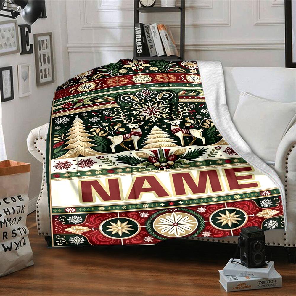 Festive Christmas Deer And Trees With Ornate Patterns Multipurpose Customizable Blanket Customize Your Name Comfortable For Sofa Couch Office Bed