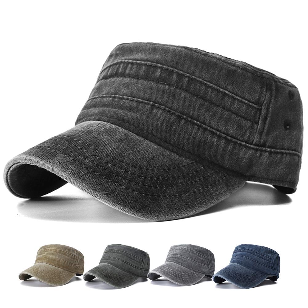 Couleur Militaire Simple Uni Réglable Chapeau Haut Plat Pêche Coton Lavé Vintage Genre Neutre Femmes Hommes Pour Chapeaux Casquette Militaire Extérieur Soleil