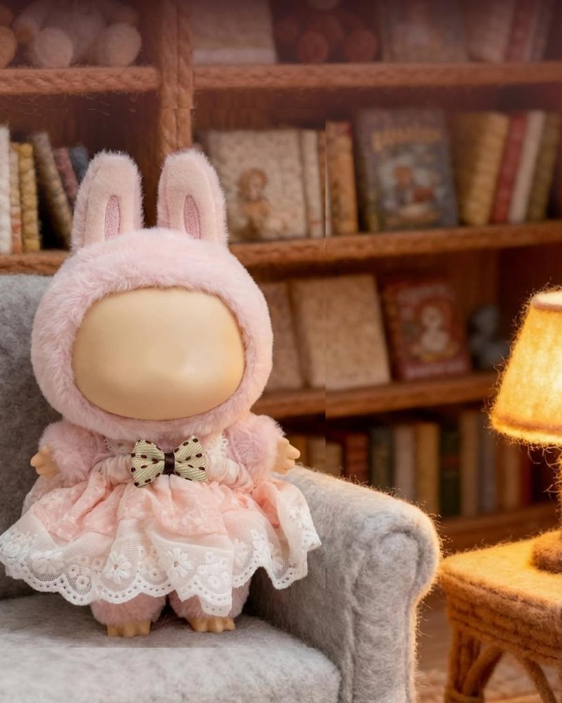 Labubu 15-17cm Doll Clothes, Sakura Pink Jumper Skirt with Elastic Chest, Lace Shoulder Straps, and Ribbon, Cute Interchangeable Outfit for Plush