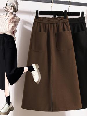 Fluffy Mid-Length Plus Size A-Line High Waist Split Skirt for Women - Autumn/Winter