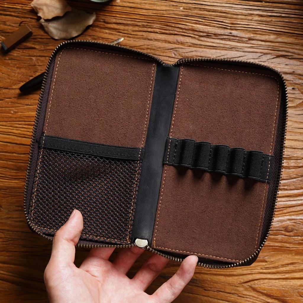 Genuine Leather Zipper Pencil Case Retro Zip Pen Pouch For School Students Supplies Gifts Cowhide Pencil Bag with Pen Slots