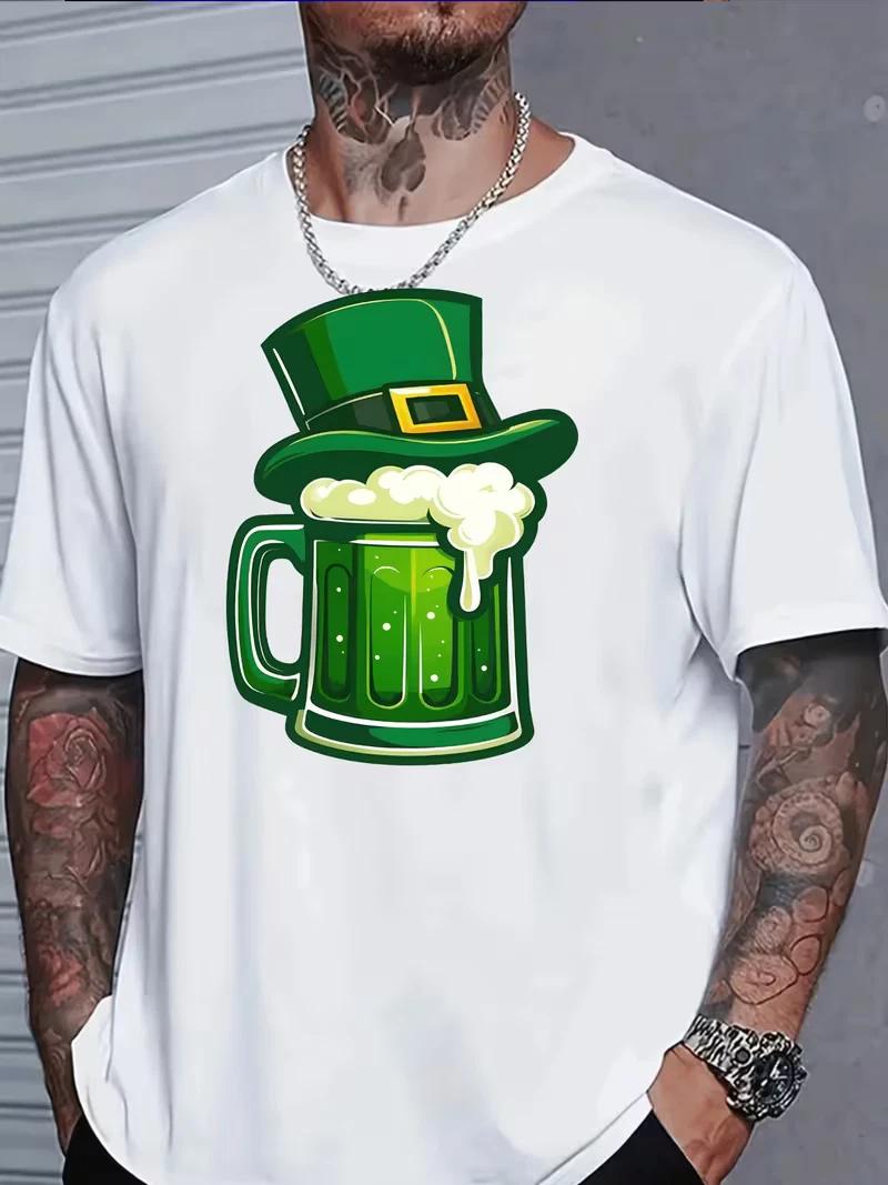 Classic Casual Green Beer Mug with Leprechaun Hat Design T Shirt Men s XXXL