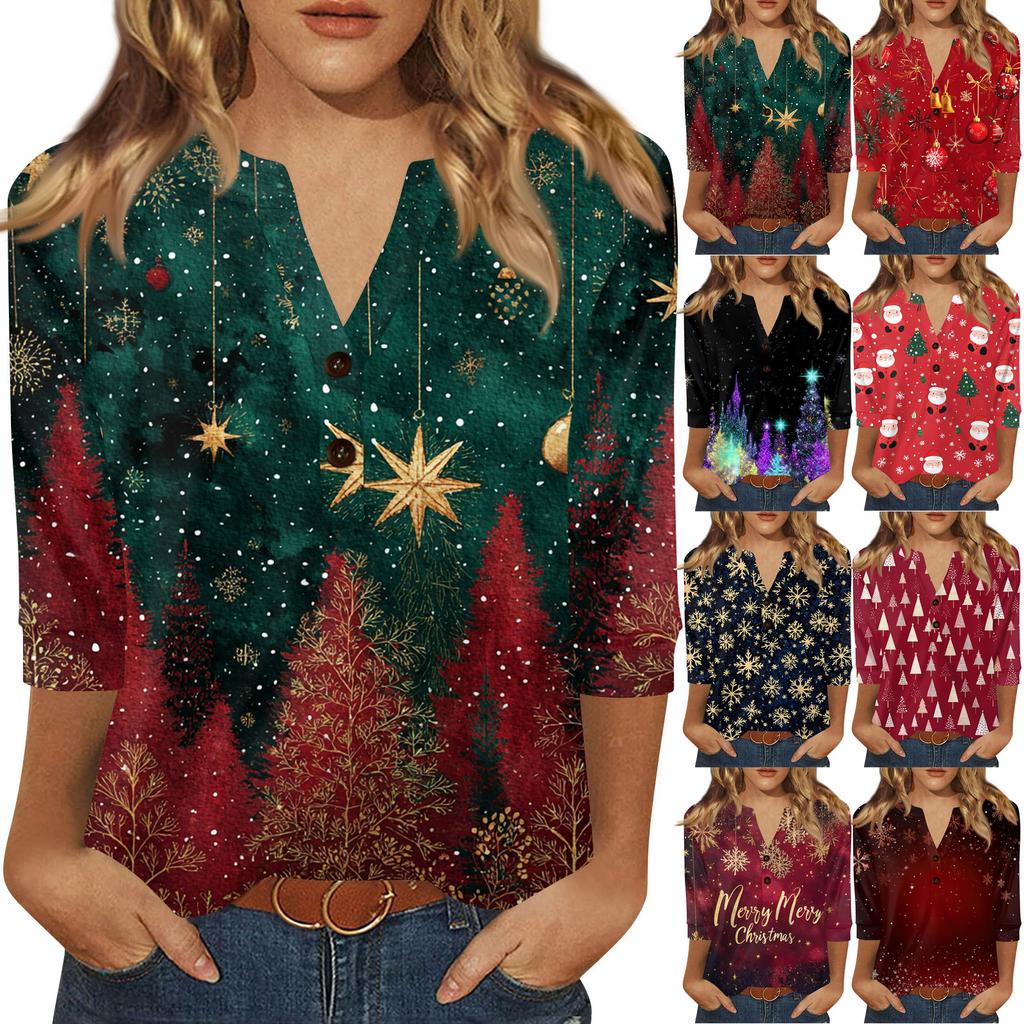 Women's T Shirt Christmas Print Button 3/4 Sleeve Daily Weekend Fashion Basic V- Neck Regular Top