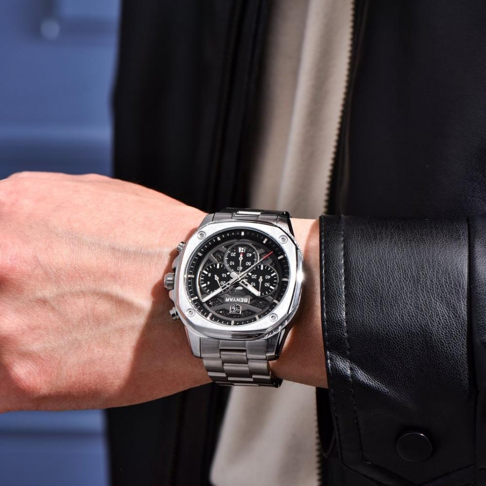 BENYAR Fashion Men Quartz Watch Stainless Steel Strap Retro Sports Watches For Man Calendar Luminous Waterproof Reloj Hombre