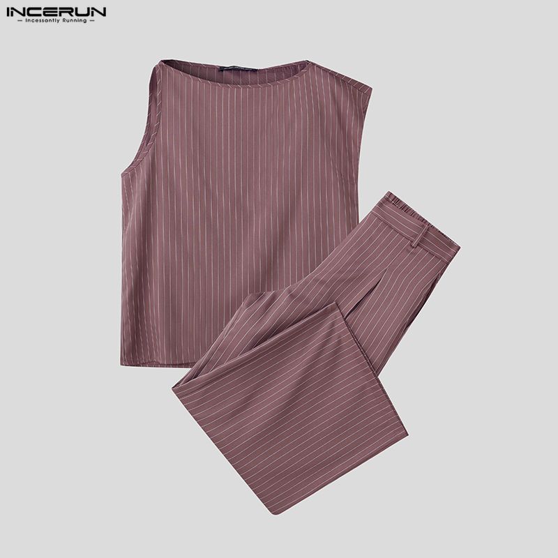 INCERUN Two Pieces Sets Men Casual Sleeveless Striped Tank Tops and Long Pants Trousers Outfits
