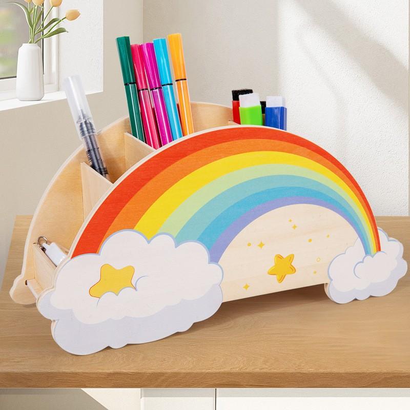 Wooden Rainbow Cloud Pen Holder Office Desktop Indoor Creative Crafts Storage Children's Ornament Toys