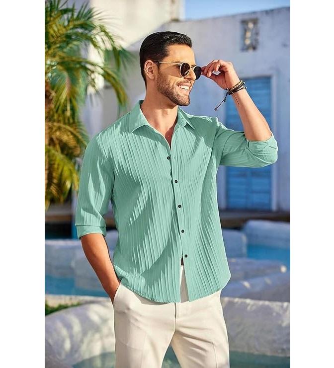 Men's Casual Button Down Shirts Long Sleeve Linen Shirt Fashion Textured Beach Summer Shirt