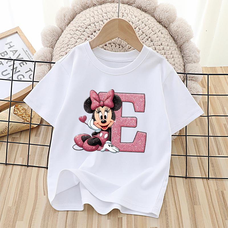 Disney Mickey Minnie Mouse Kids Cotton T-Shirts Anime Cartoon Printed Letter Tops Summer Pullover Casual Children Clothes Gift