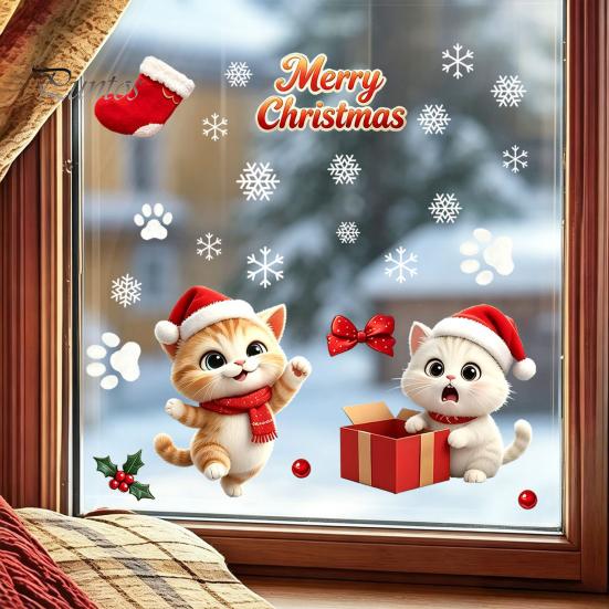 Creative Christmas Gift for Kids Cute Cat Static Glass Sticker, Waterproof PVC Window Decal Holiday Decoration, Home Decor Ornaments Removable