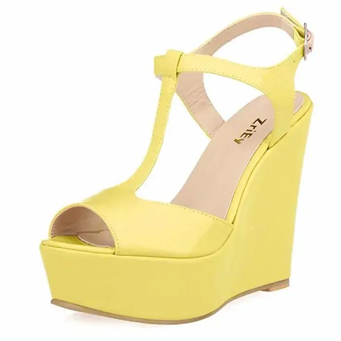 Damesandaler med kilehæl 14 cm Åpen tå Sexy Klubb Ankelstropp Høye hæler Lakkskinn Plattformpumps Kjole Rød Selskap Bryllupssko