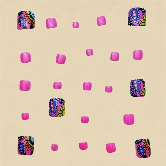 European-American Pink Floral Press-On Toenails - Short Square & Removable