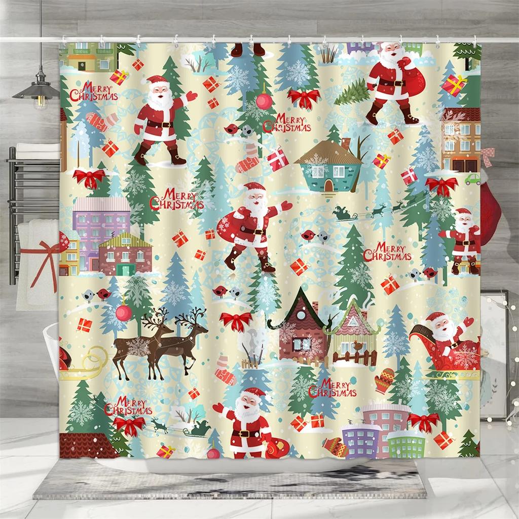 unframed Christmas Shower Curtain, Winter Snowman Father Christmas Farmhouse Truck Snowflake Christmas Tree Red Bird Bathroom De