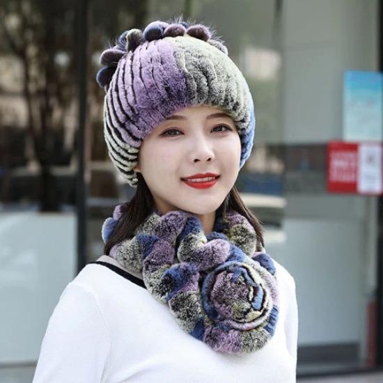 Neue Mode Frauen Winter Echte Rex Kaninchen Pelzmütze Schal Natürliche Weiche Rex Kaninchen Pelz Kappe Schals Sets Für Dame Im Freien warm halten